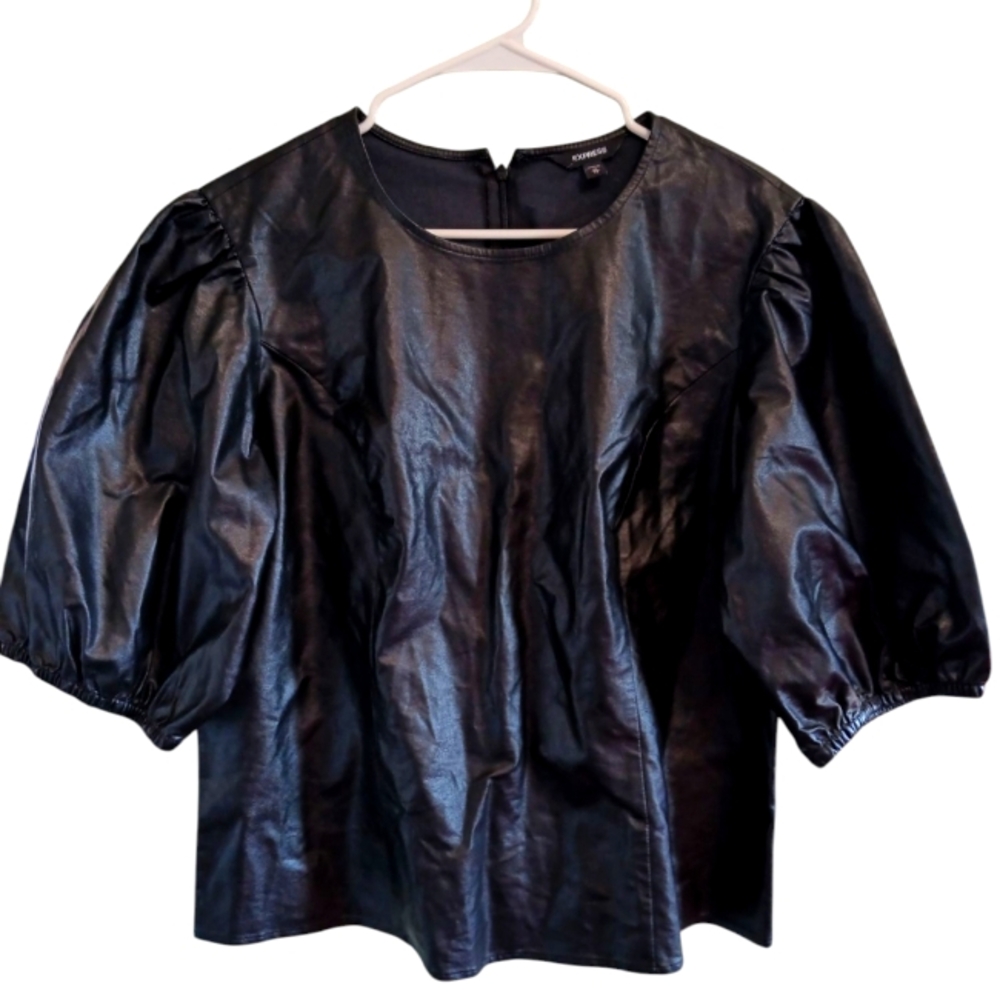 Express Black Faux Leather Puff Sleeve Blouse Size XL